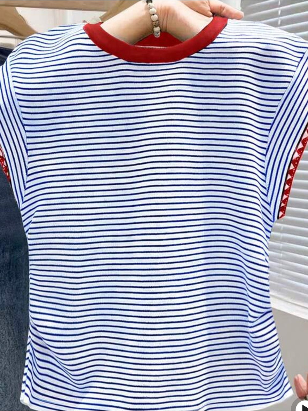 Striped Short Sleeve Tee with Red Contrast Collar